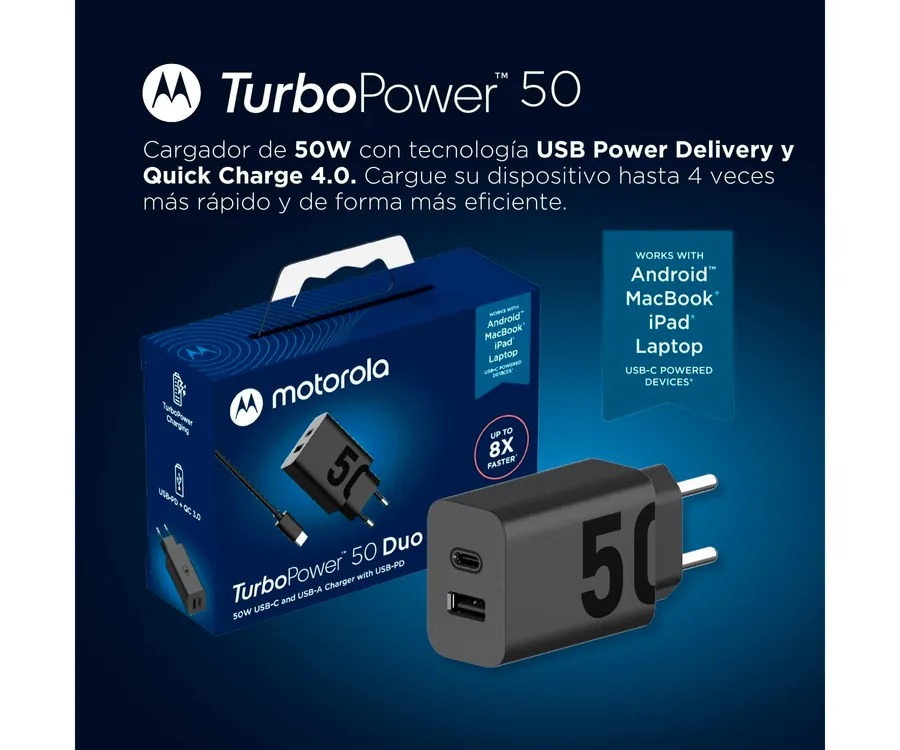 CARGADOR MOTOROLA 1XUSB A+C DE 50W+CABLE USB C