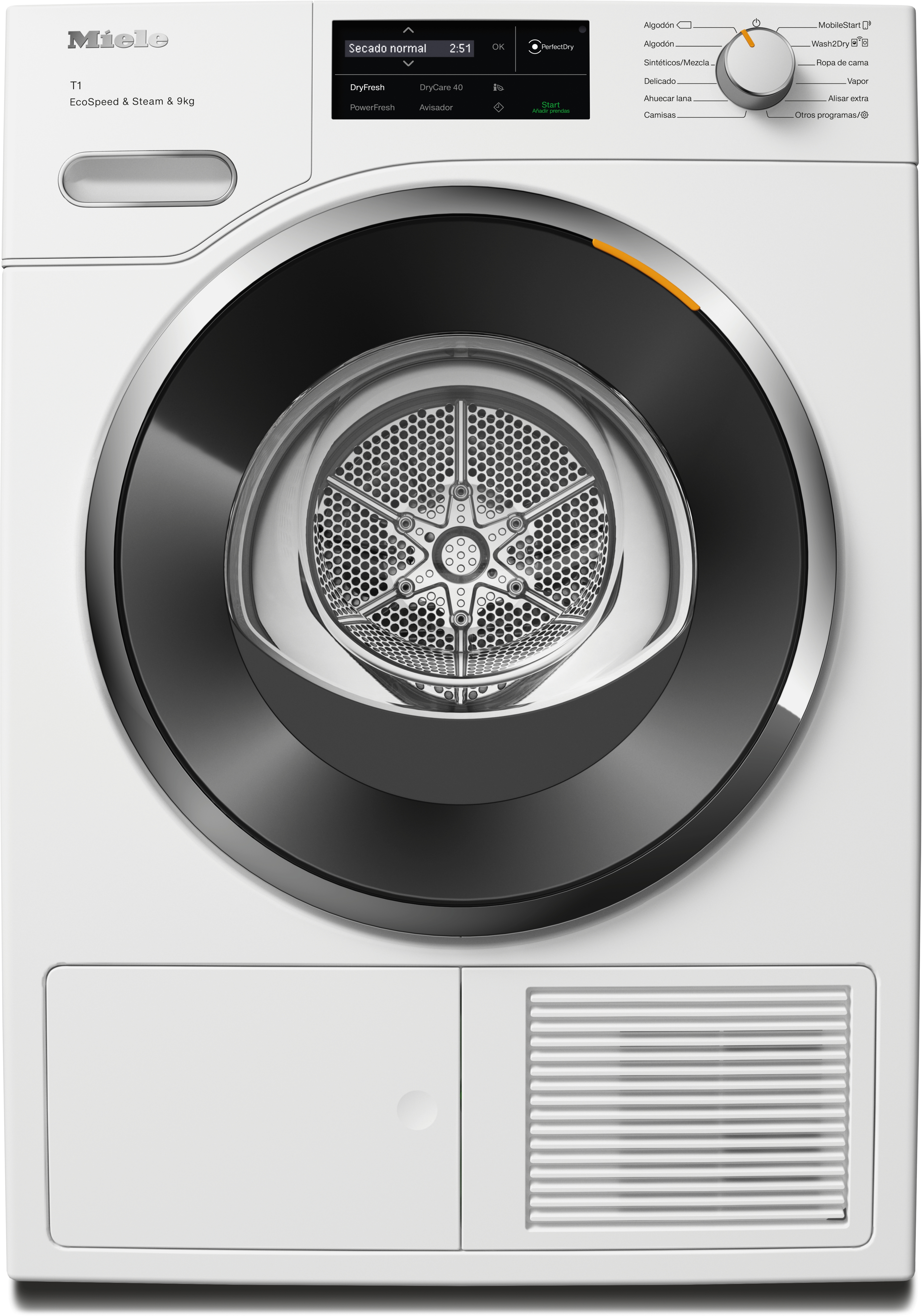 Secadora con bomba de calor Miele TWL780WP, 9 kg, clase C, 101 kWh/100 ciclos, 62 dB, SteamCare, SilenceDrum, Miele@home, blanco