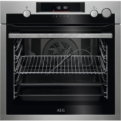 Horno de vapor pirolítico AEG BSE572360M, Serie 7000 SteamCrisp, 72 litros, 20 funciones, 45 programas, sonda térmica, carril telescópico, inox