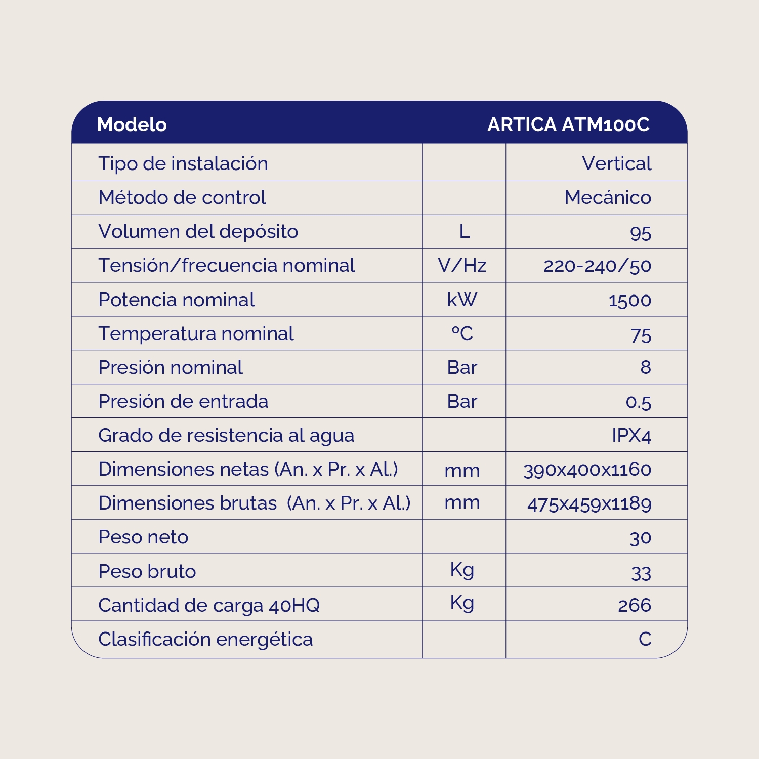TERMO ARTICA ATM100C 100L CLASE C