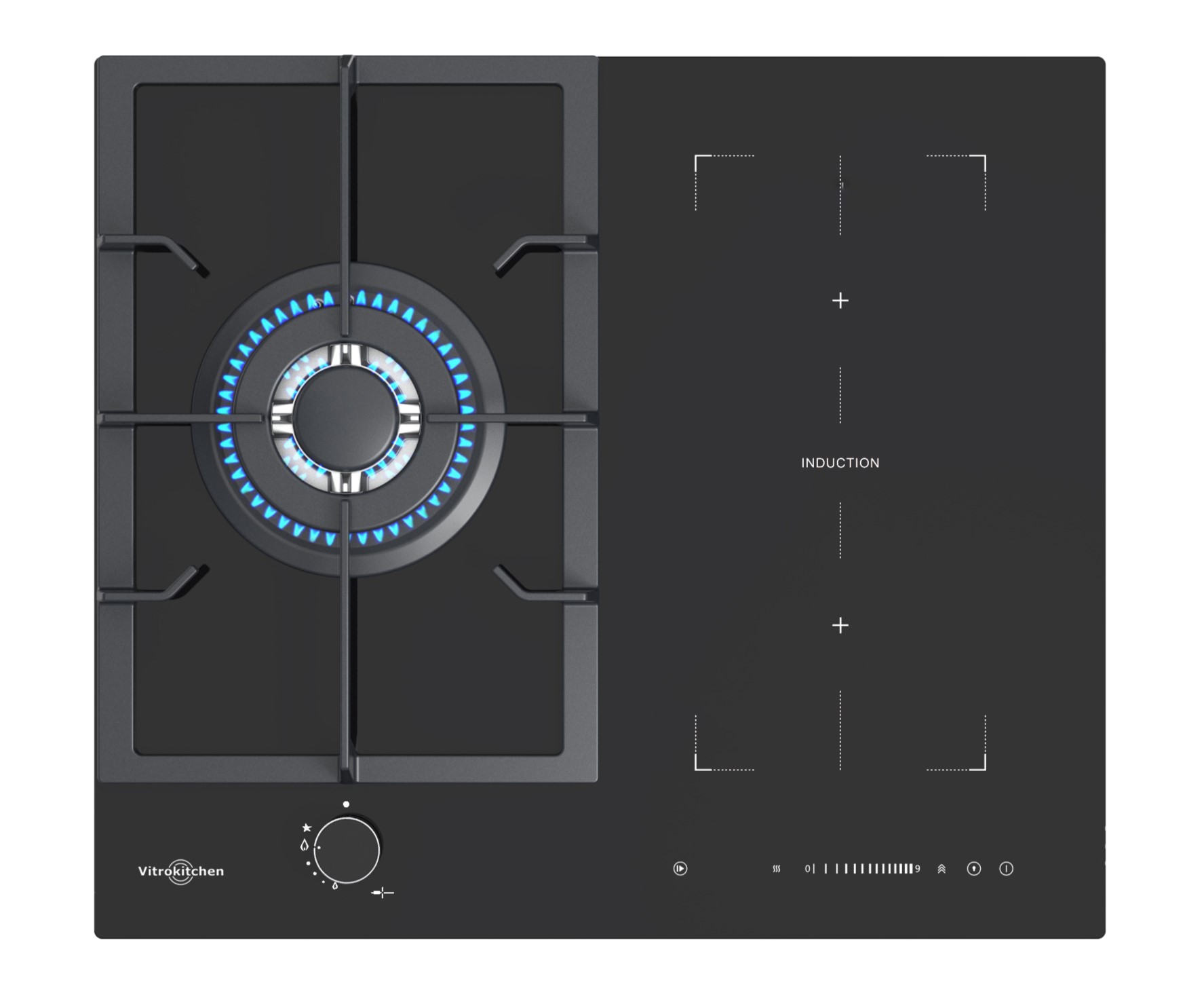 Placa mixta gas e inducción Vitrokitchen VG611NB, 2 zonas Flex inducción, 1 zona gas butano, cristal gas negro