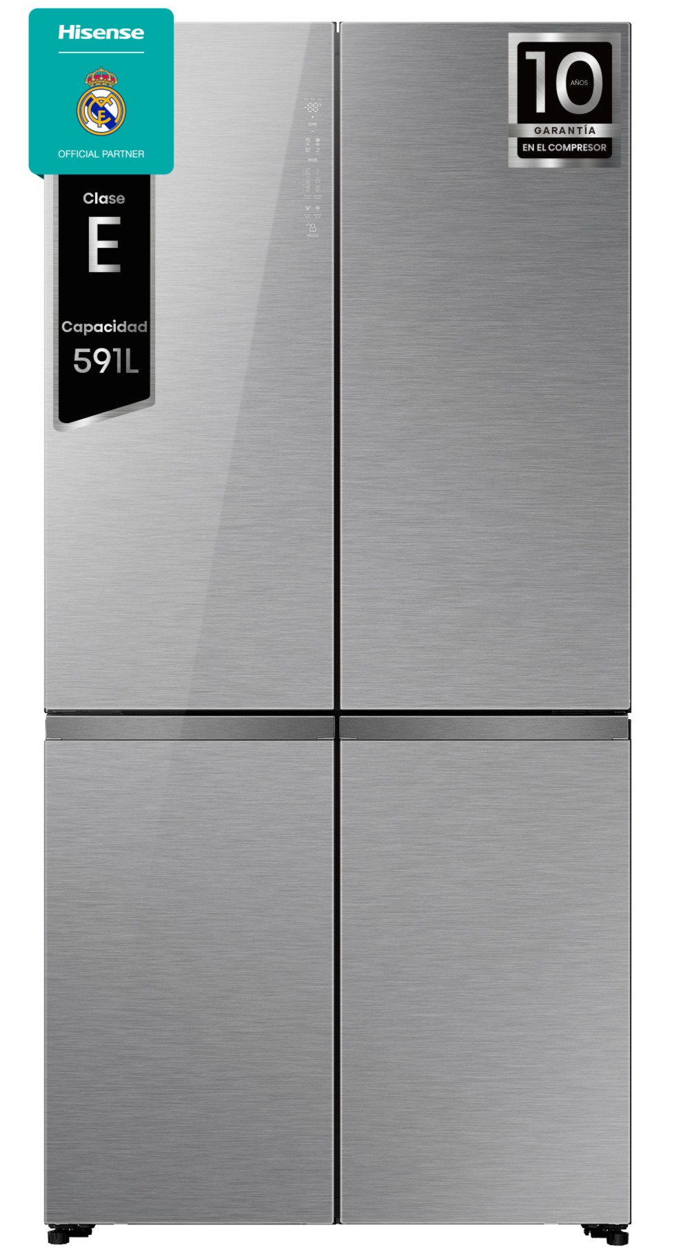 Frigorifico americano Side by Side Hisense RQ5P605NSVE, 4 Puertas, 190 x 91.1 x 60 cm, No Frost, clase E, 318 kWh/año, 37dB, 591 litros, Iluminación LED, Diseño Cristal, inox