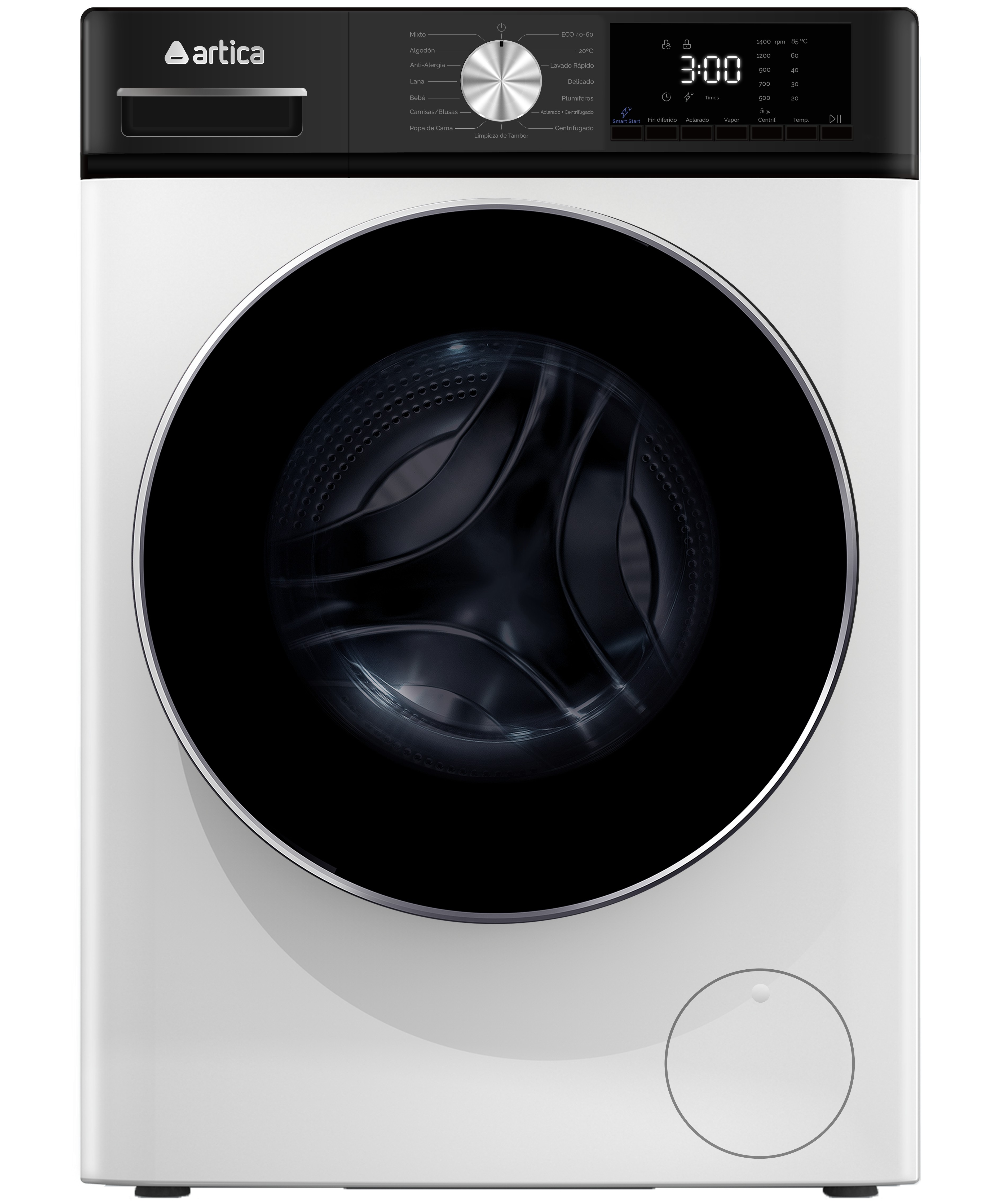 Lavadora Artica AL81400AFDI, 8kg, 1400rpm, clase A-10%, 44 kWh/100 ciclos, 76dB, 15 programas, Vapor,  Inverter, display, luz tambor, blanco y negro