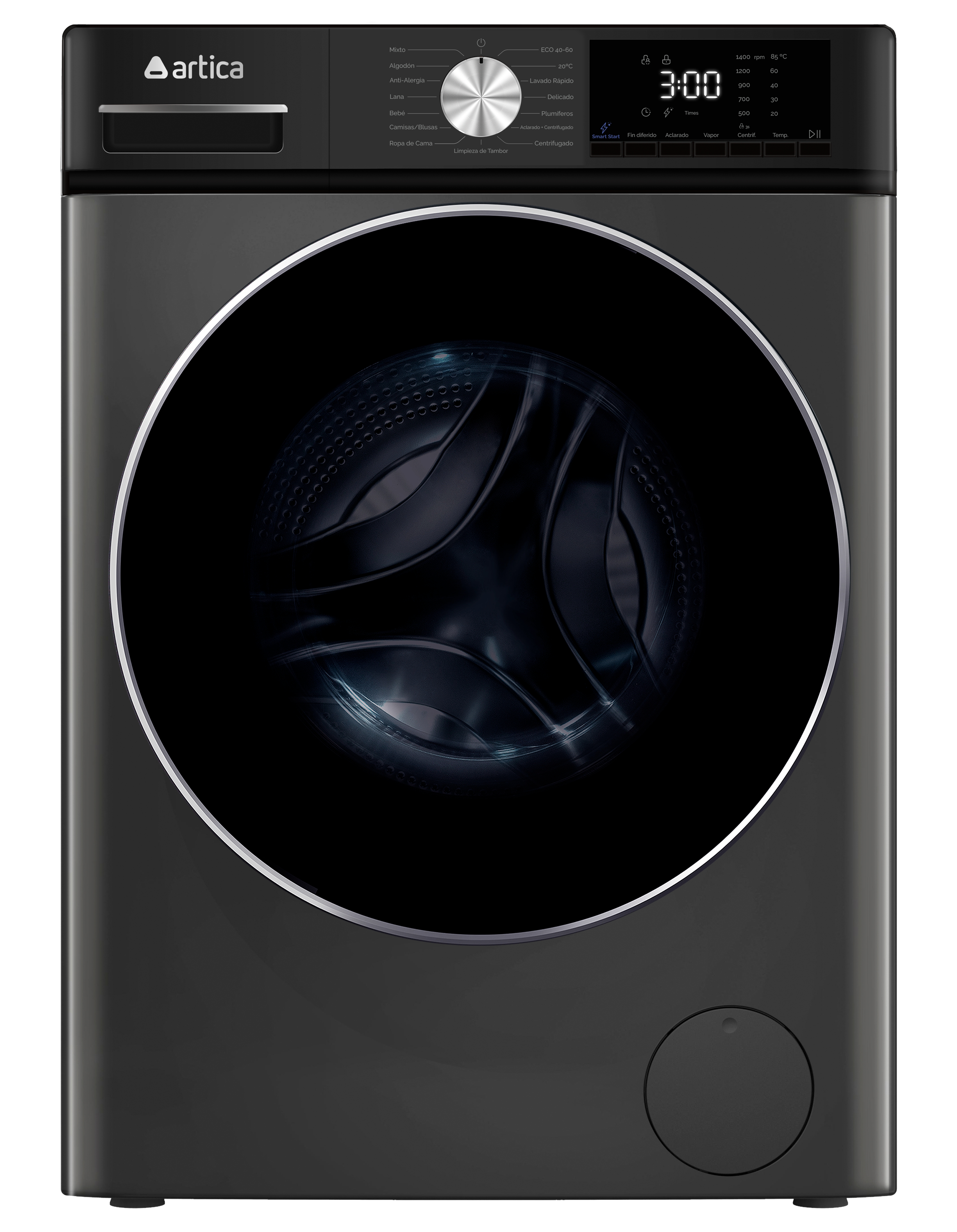 Lavadora Artica AL121400AFDI, 12kg, 1400rpm, Vapor, Display LED, 76dB, Clase A-20%, Dark inox