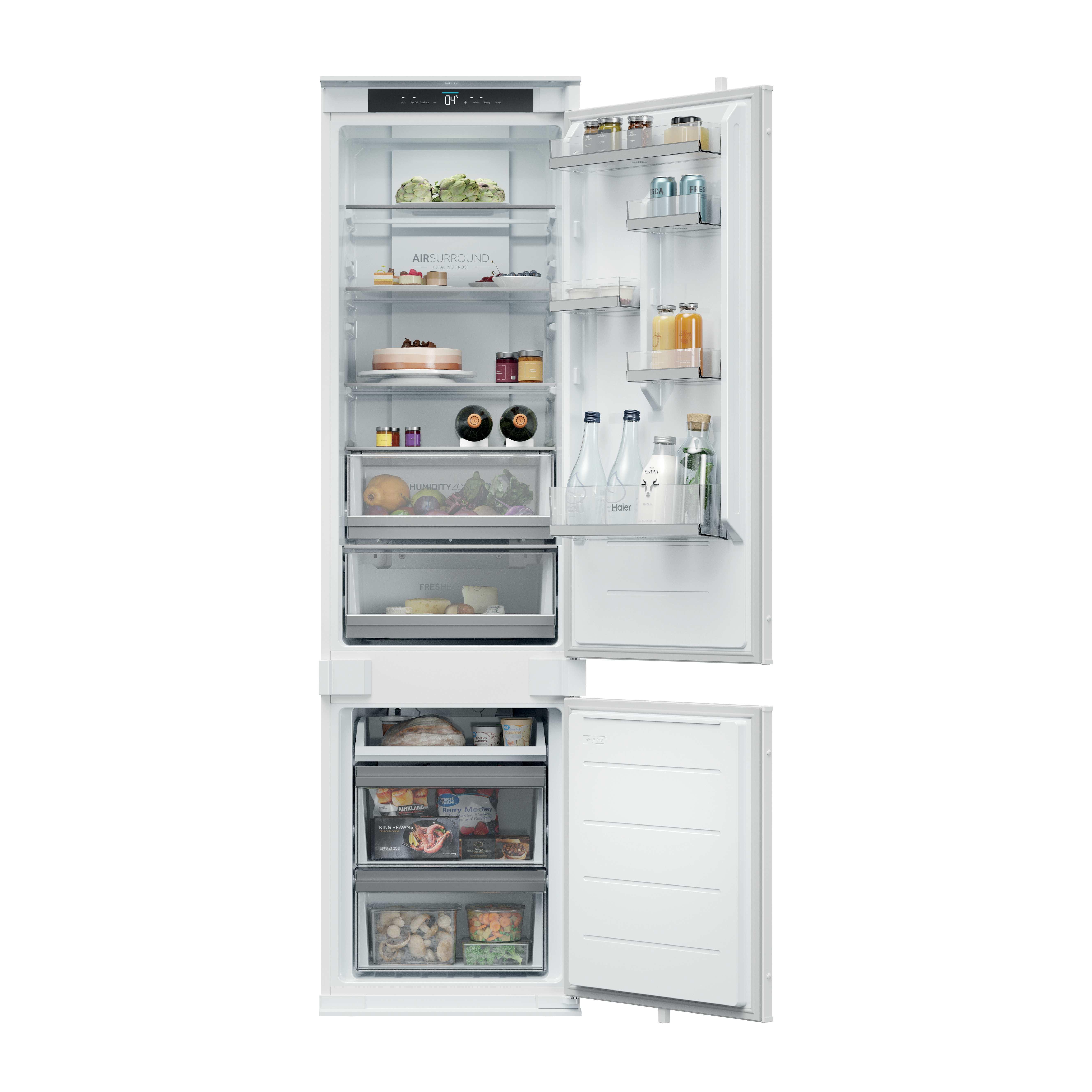 Frigorífico combi integrable Haier HBQW5519E, Serie ID Titanium 2, 193.5 x 54 x 55 cm, No Frost, clase E, 226 kWh año, 35dB, 284 litros, Multiflow, reversible, WiFi, Bluetooth, luz LED, blanco