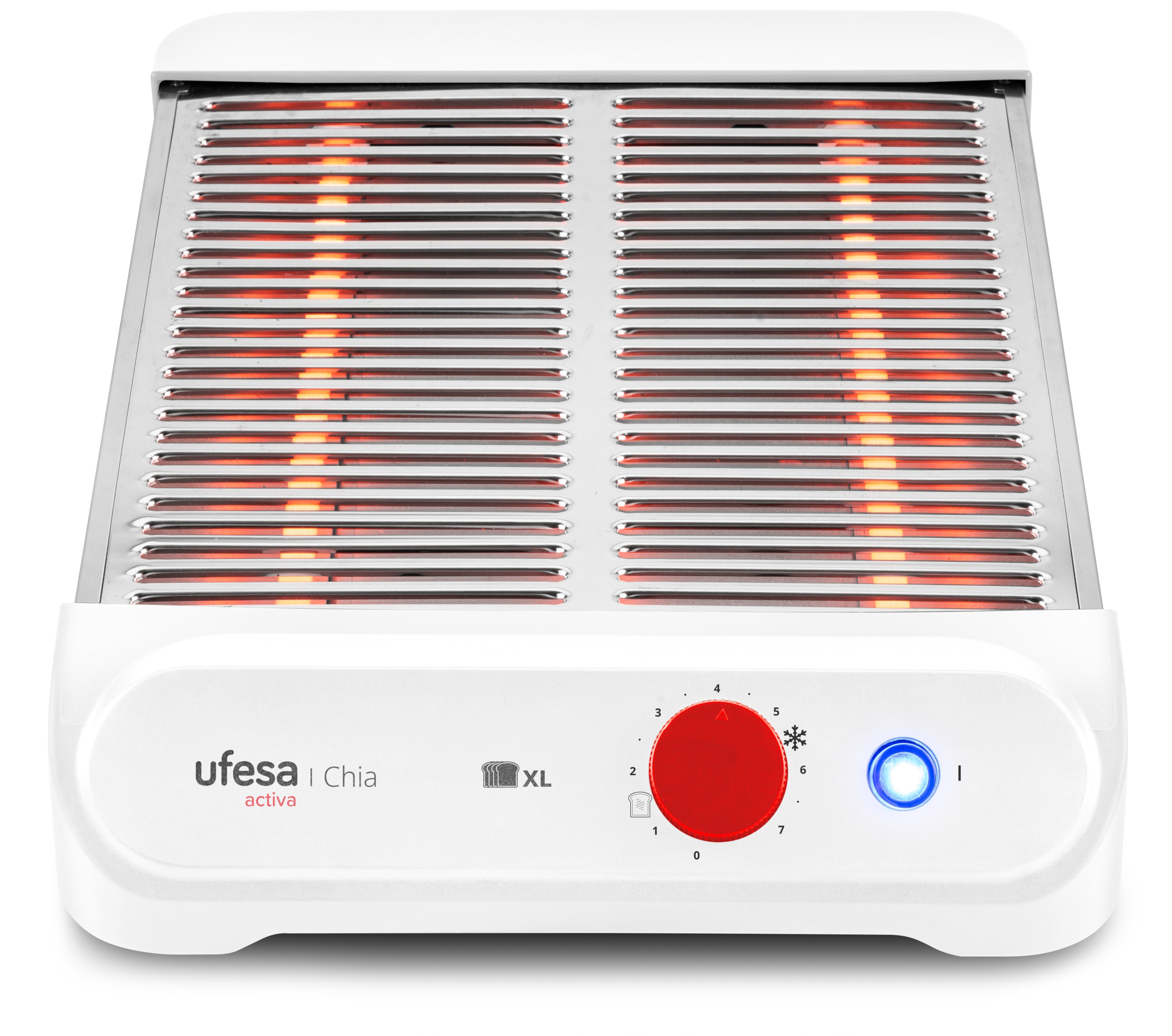 Tostador plano Ufesa Chia Activa, 900W, 25 x 21.5 cm, 3 resistencias cuarzo, 4 rebanadas, 7 niveles, blanco