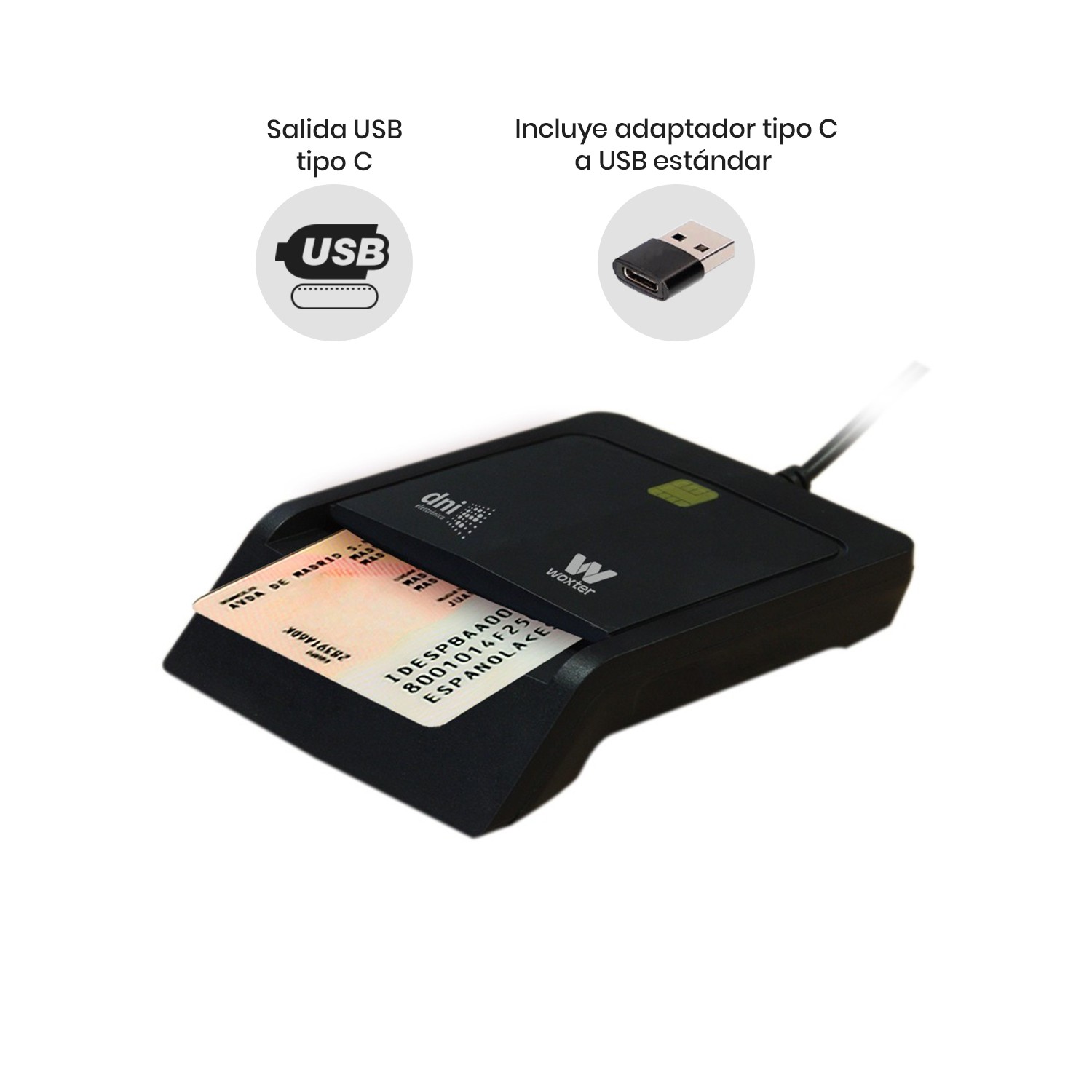 LECTOR DNI ELECTRONICO WOXTER USB-C+ADAP. NEGRO