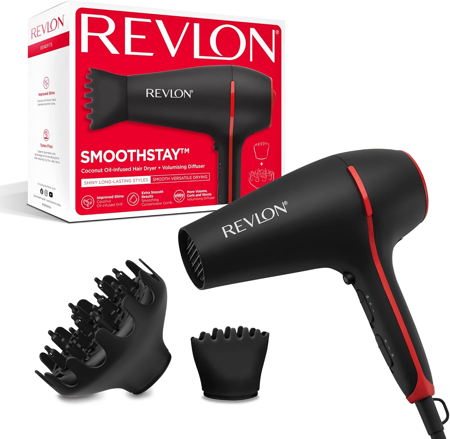 Secador de pelo Revlon SmoothStay RVDR5317, 2000W, aceite coco, difusor, 3 temperaturas, 2 velocidades, negro