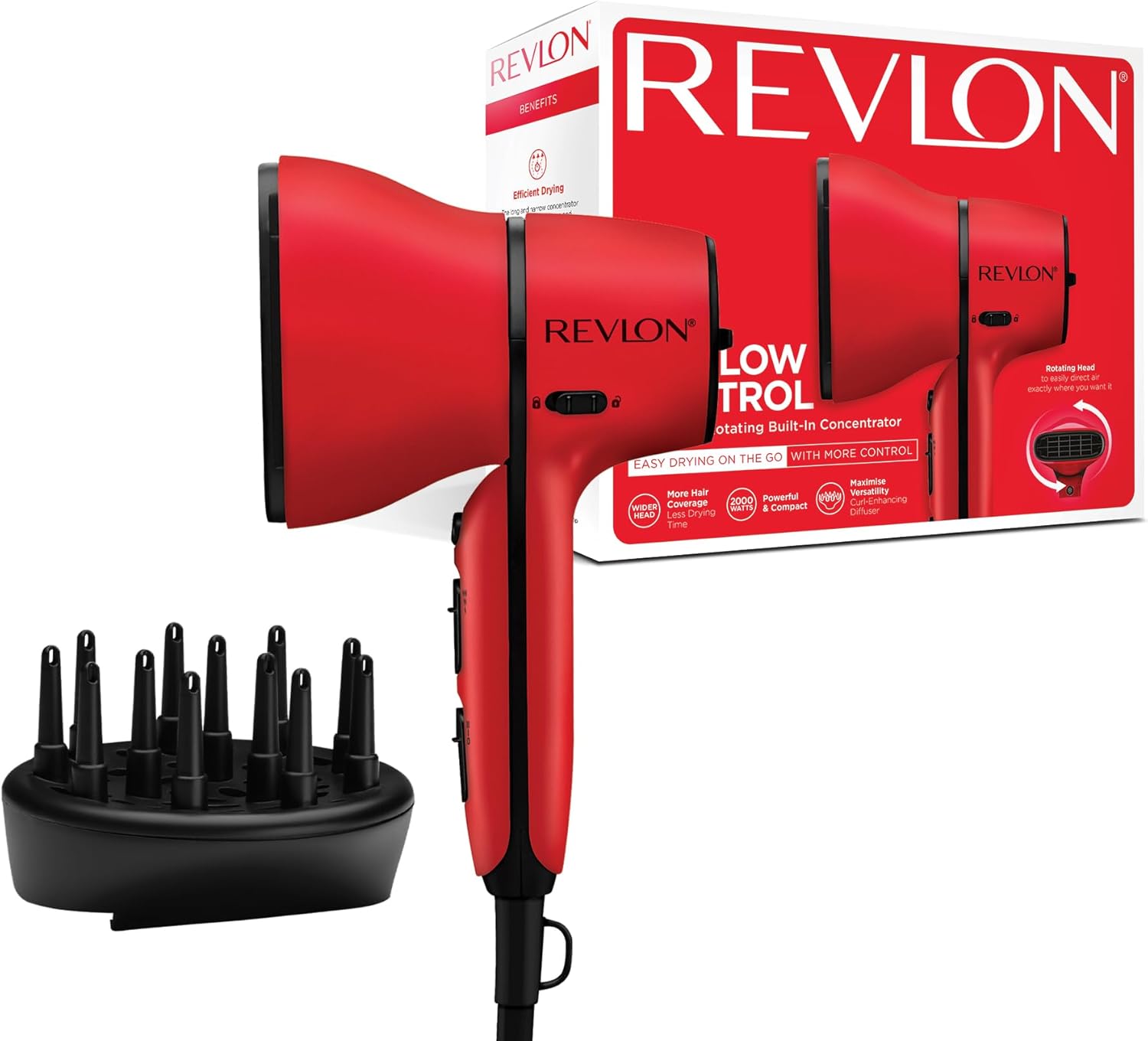 Secador de pelo Revlon RVDR5320E, AirFlow, 2000W, difusor orientable, 3 posiciones, rojo