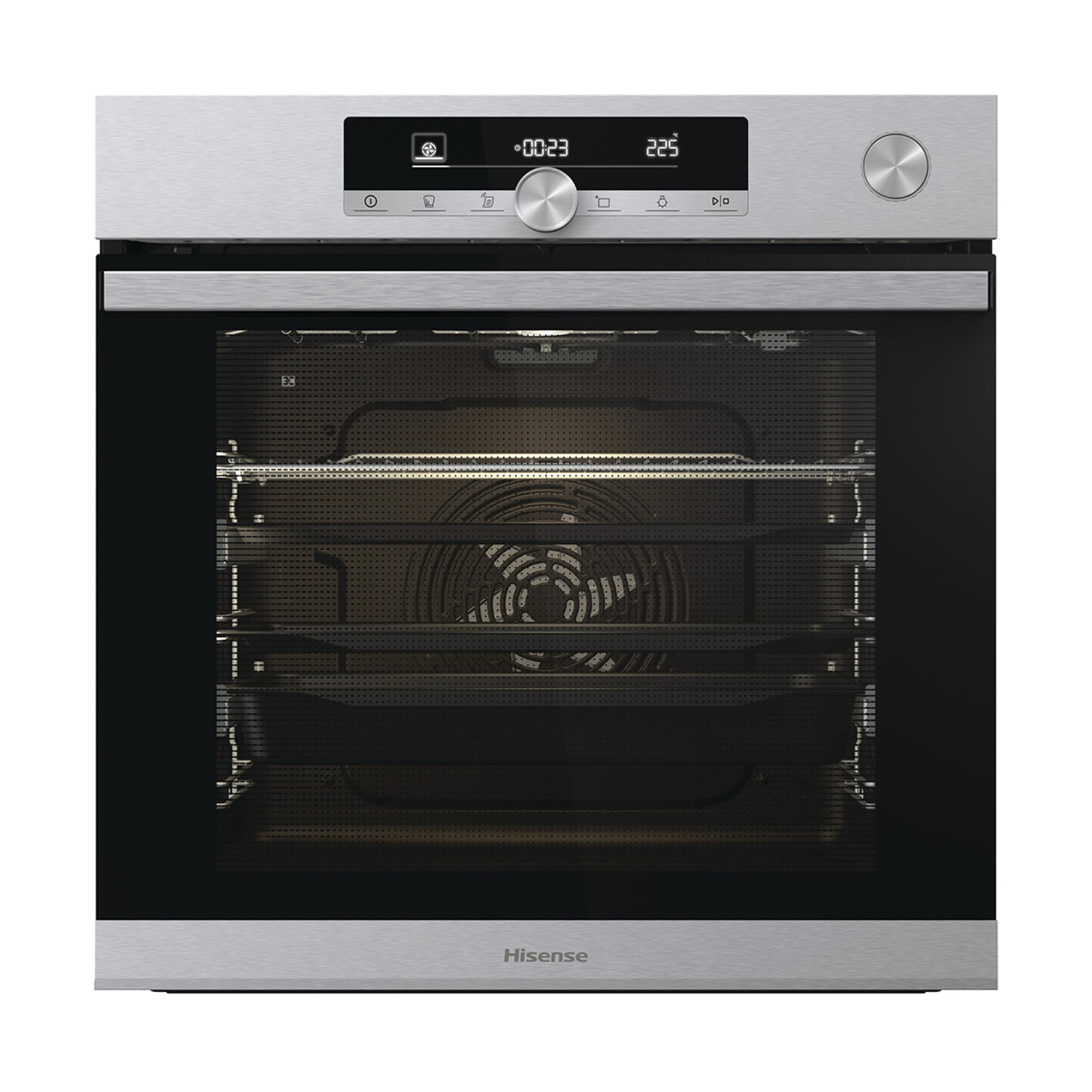 Horno multifunción Hisense O643PX, 60 x 60 cm, 77 litros, Pirolítico, cocción Vapor, clase A+, Hidrolítico, sonda térmica, Air Fryer, 22 programas, guía telescópica, inox