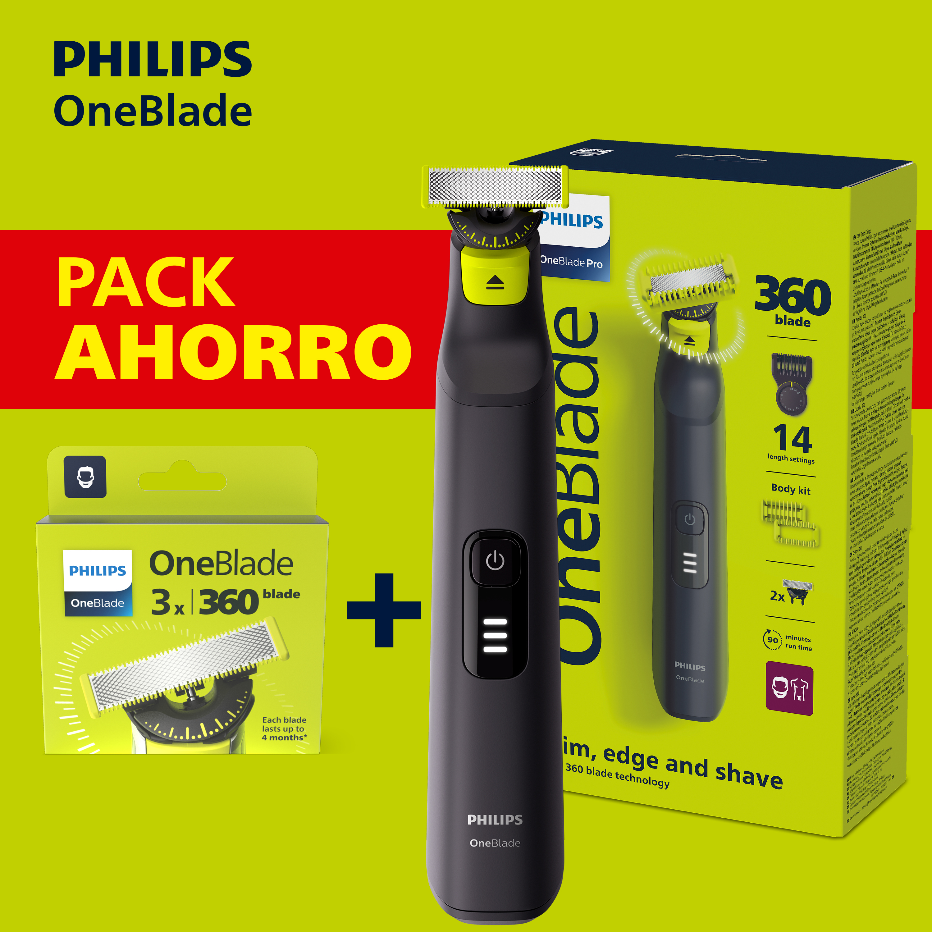 Afeitadora barbero Philips OneBlade Pro 360 QP6542/15, Face + Body, 3 recambios