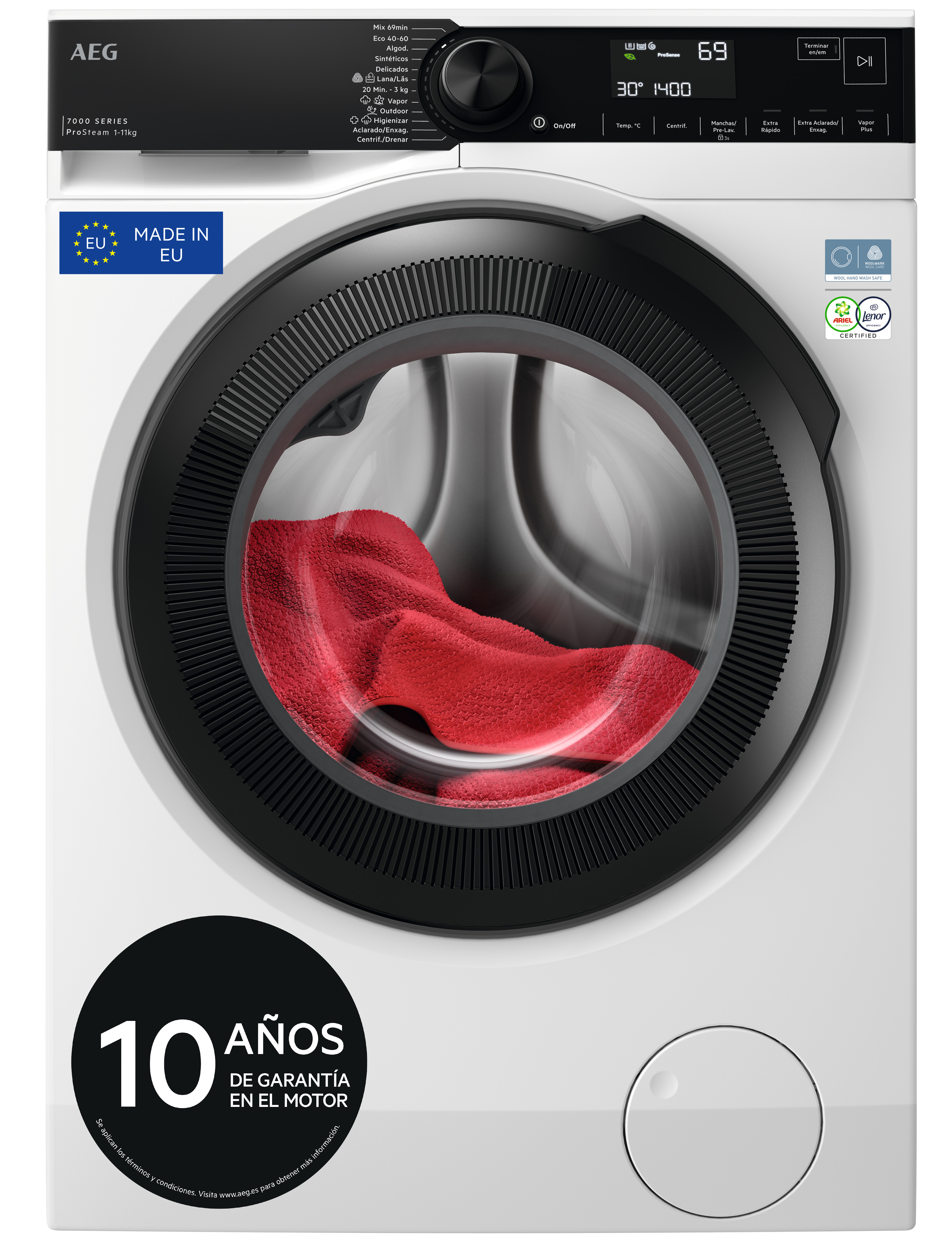Lavadora AEG LFSR7304L4B, Serie 7000 ProSense, 11kg, 1400rpm, clase A-30%, 37 kWh/100 ciclos, 72dB, 12 programas, PreciseWash, Inverter, Woolmark Blue, Tambor Care, AquaControl, Higiene con Vapor, display LED, blanco y negro