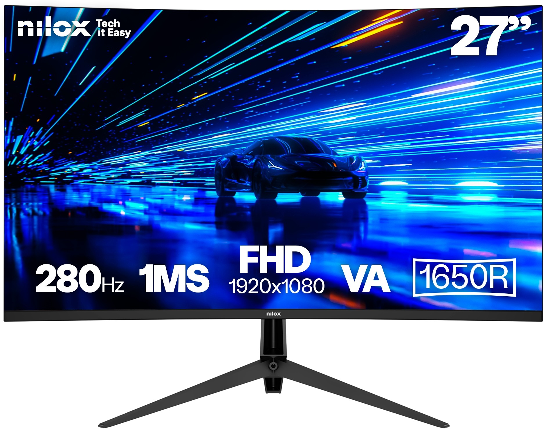 Monitor gaming curvo Nilox NXM27CV28001, 27 pulgadas, Full HD, VA, 280 Hz, 1 ms, HDMI, DisplayPort, negro