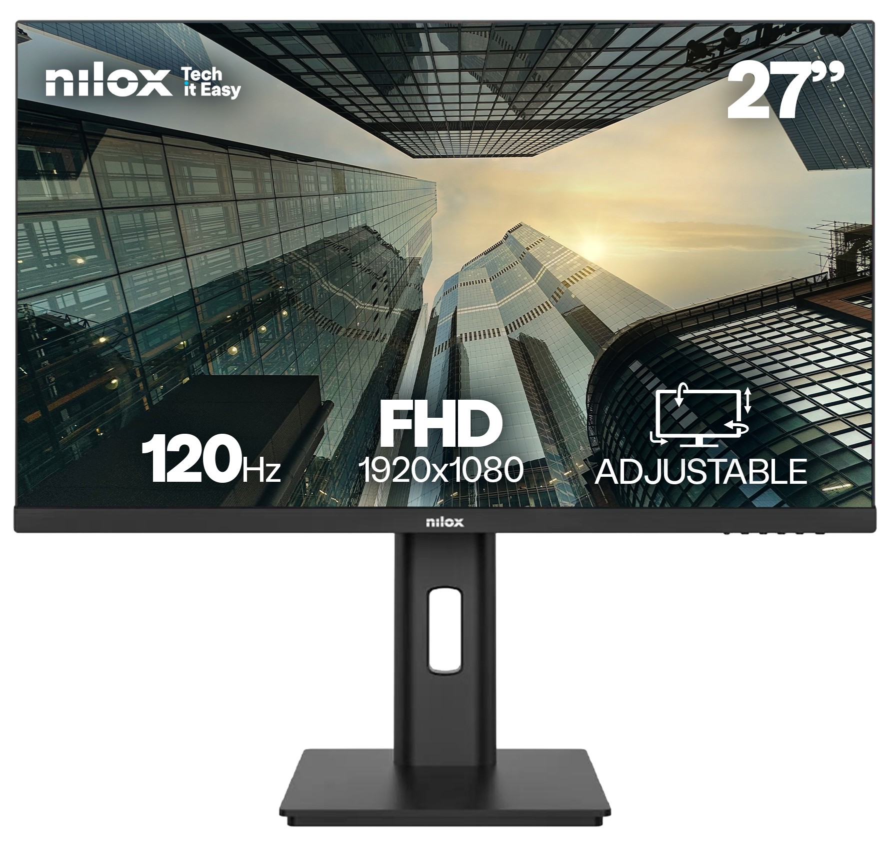 Monitor Nilox NXM27REG1201, 27 pulgadas, Full HD, IPS, 120 Hz, 4 ms, altura regulable, altavoces, HDMI, VESA 100x100, negro
