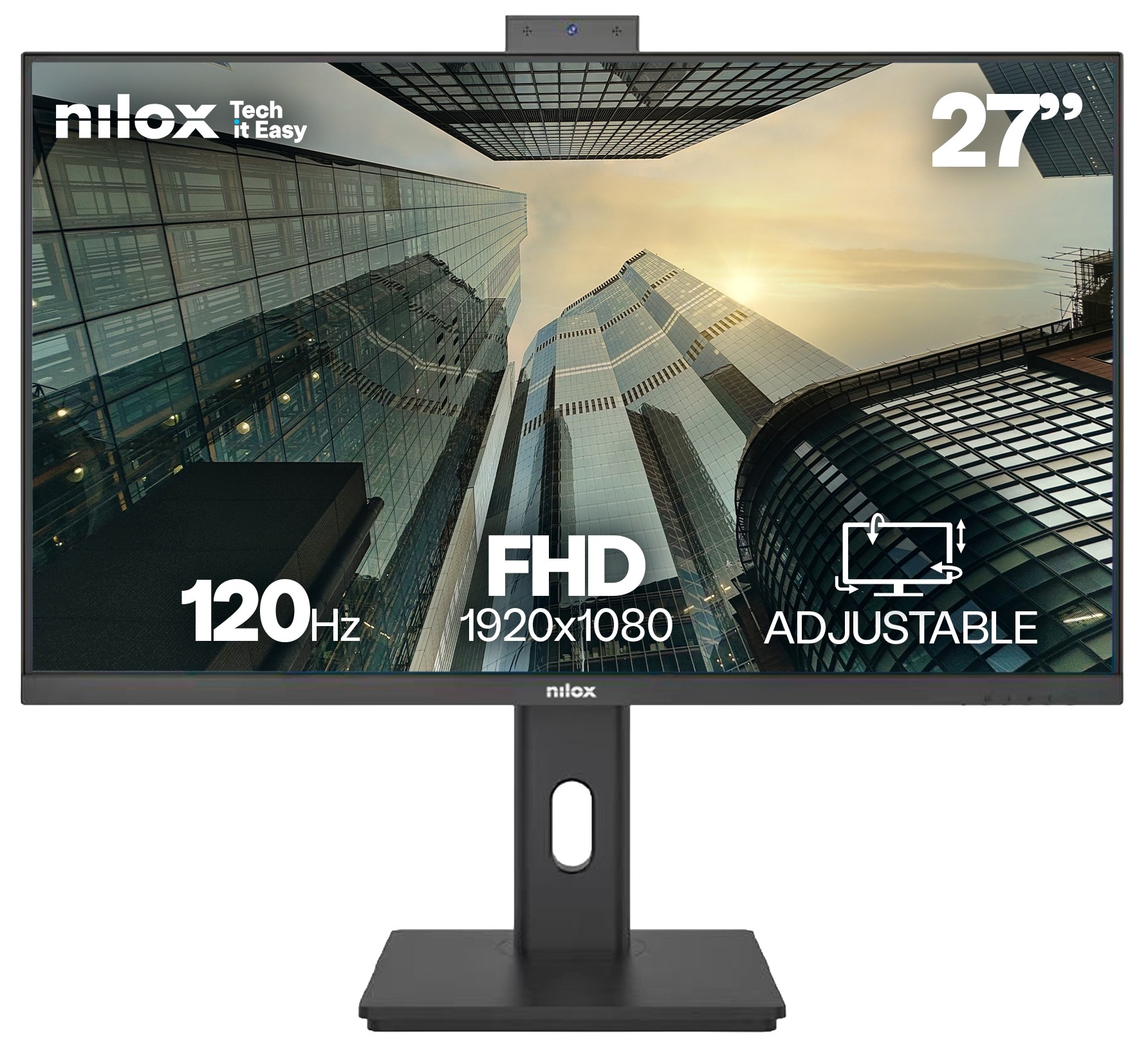 Monitor Nilox NXM27RWEB02B, 27 pulgadas, Full HD, IPS, 120 Hz, 4 ms, webcam, altavoces, altura regulable, HDMI, DisplayPort, VGA, negro