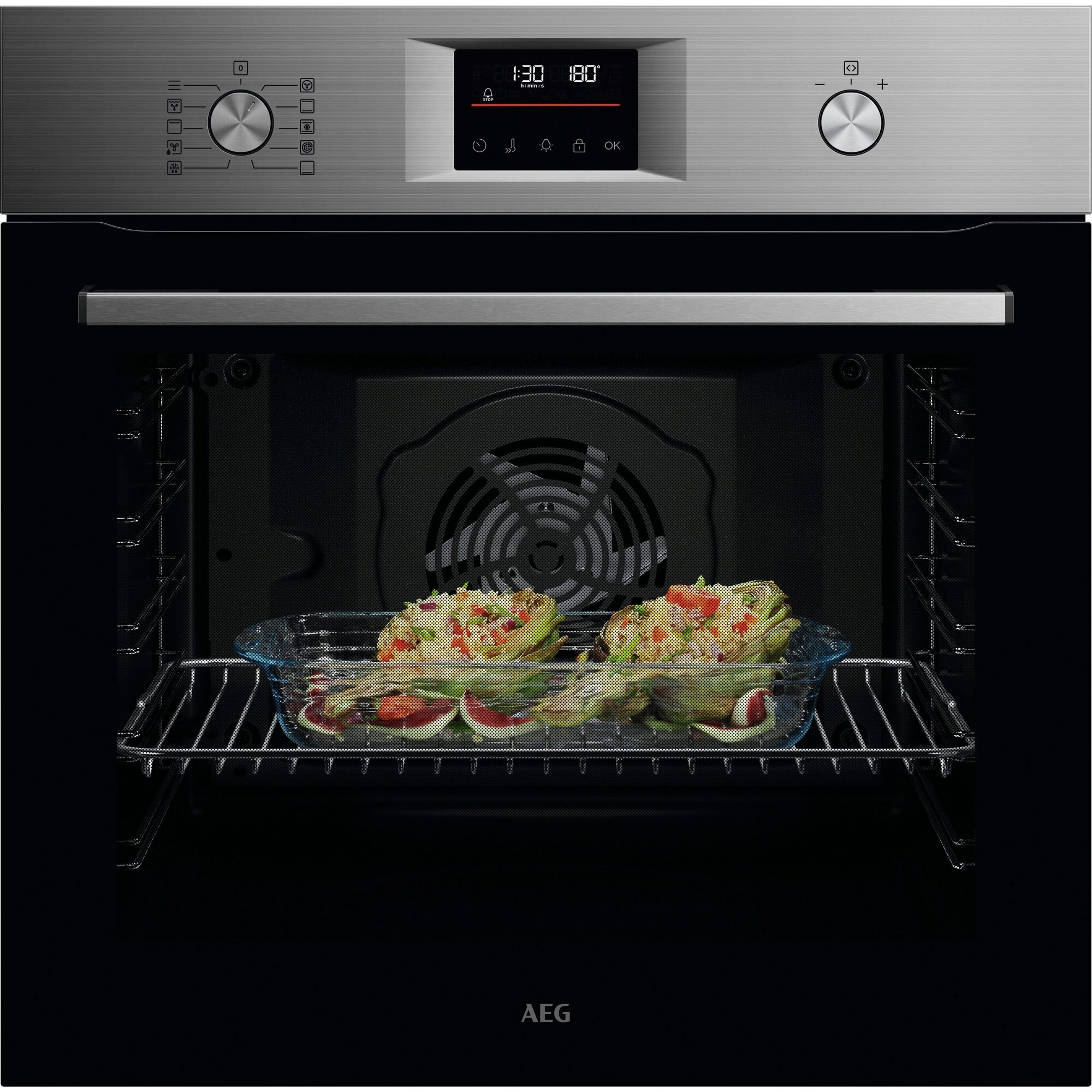Horno pirolítico AEG OU5PB40SM, Serie 5000 SurroundCook, 72 litros, 9 funciones, 45 programas, Display LED Explore, 4 cristales, inox