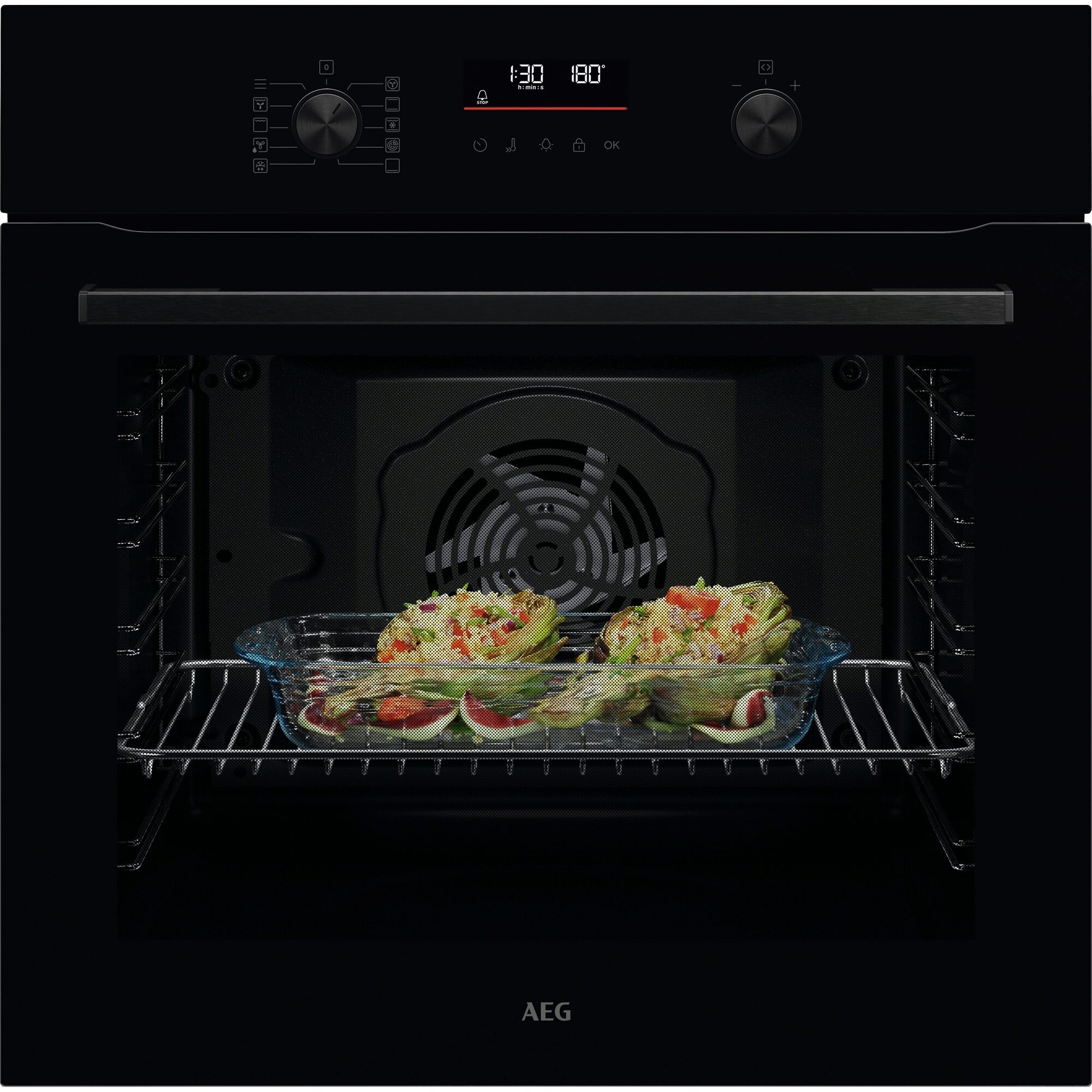 Horno pirolítico AEG TU5PB41FSK, Serie 5000 SurroundCook, 72 litros, Display LED Explore, carril telescópico, negro