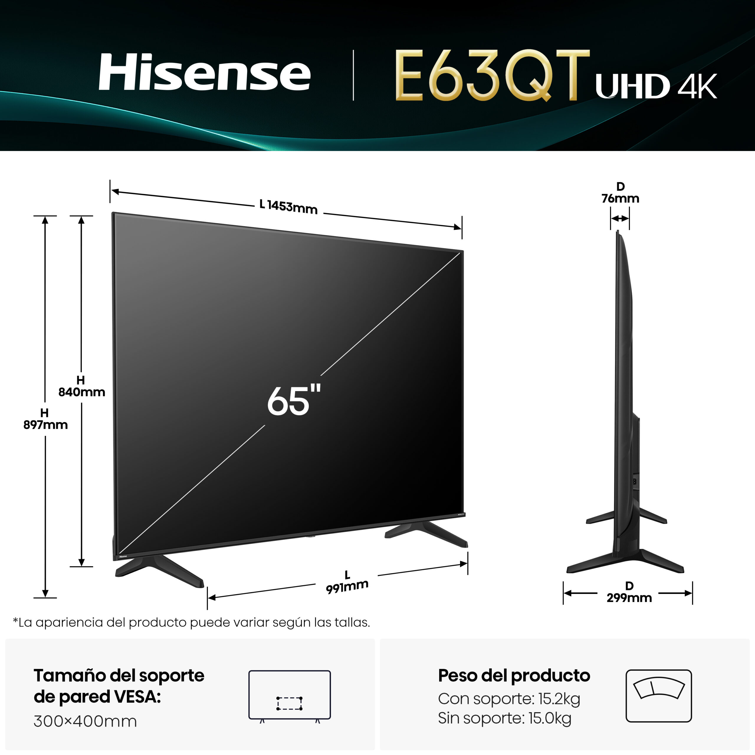 TV HISENSE 65" 65E63QT UHD SMART TV DOLBY VISION