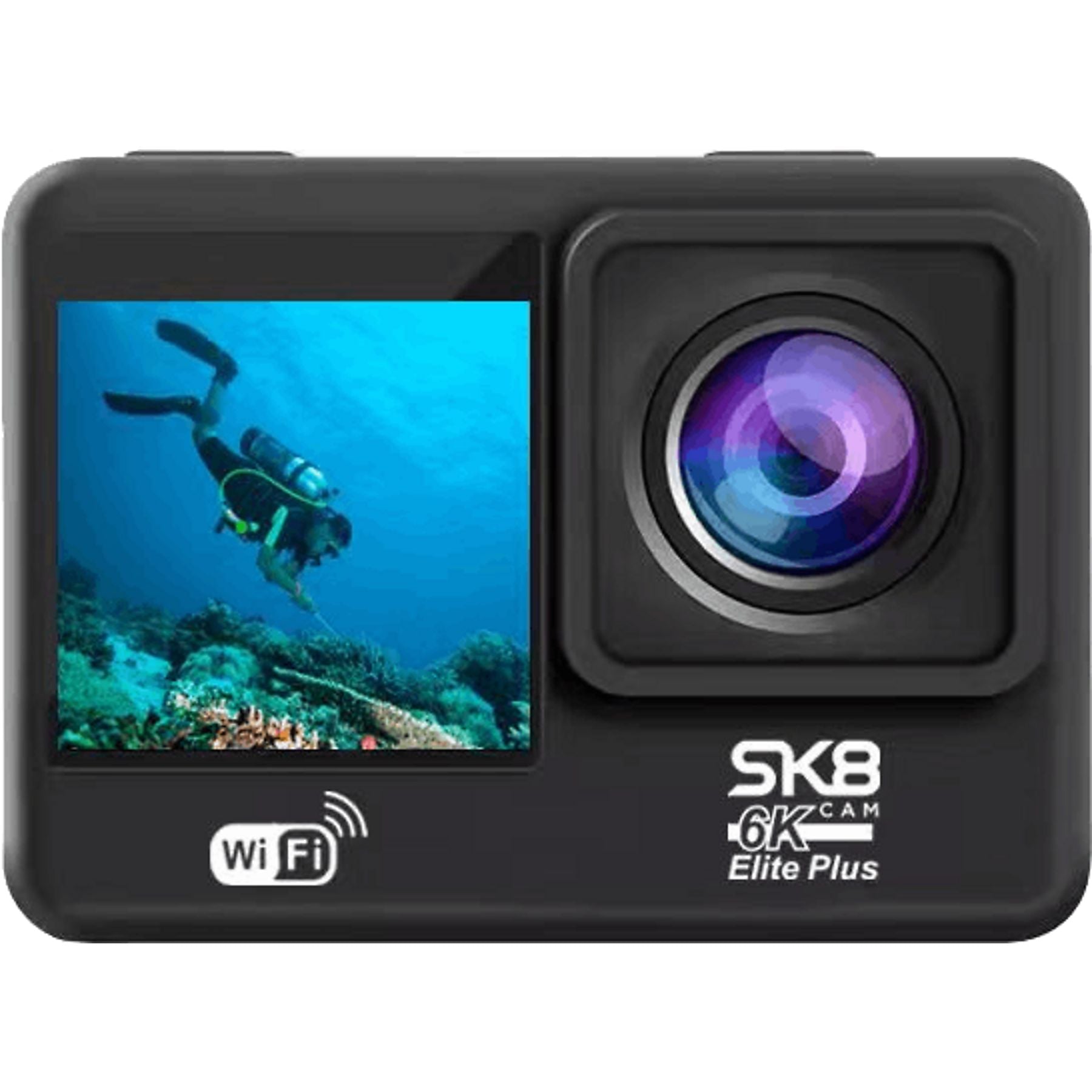 Cámara deportiva SK8 Cam 6K Elite Plus, vídeo 6K25, WiFi, pantalla táctil 2" + frontal 1,3", sumergible 40 m, negro