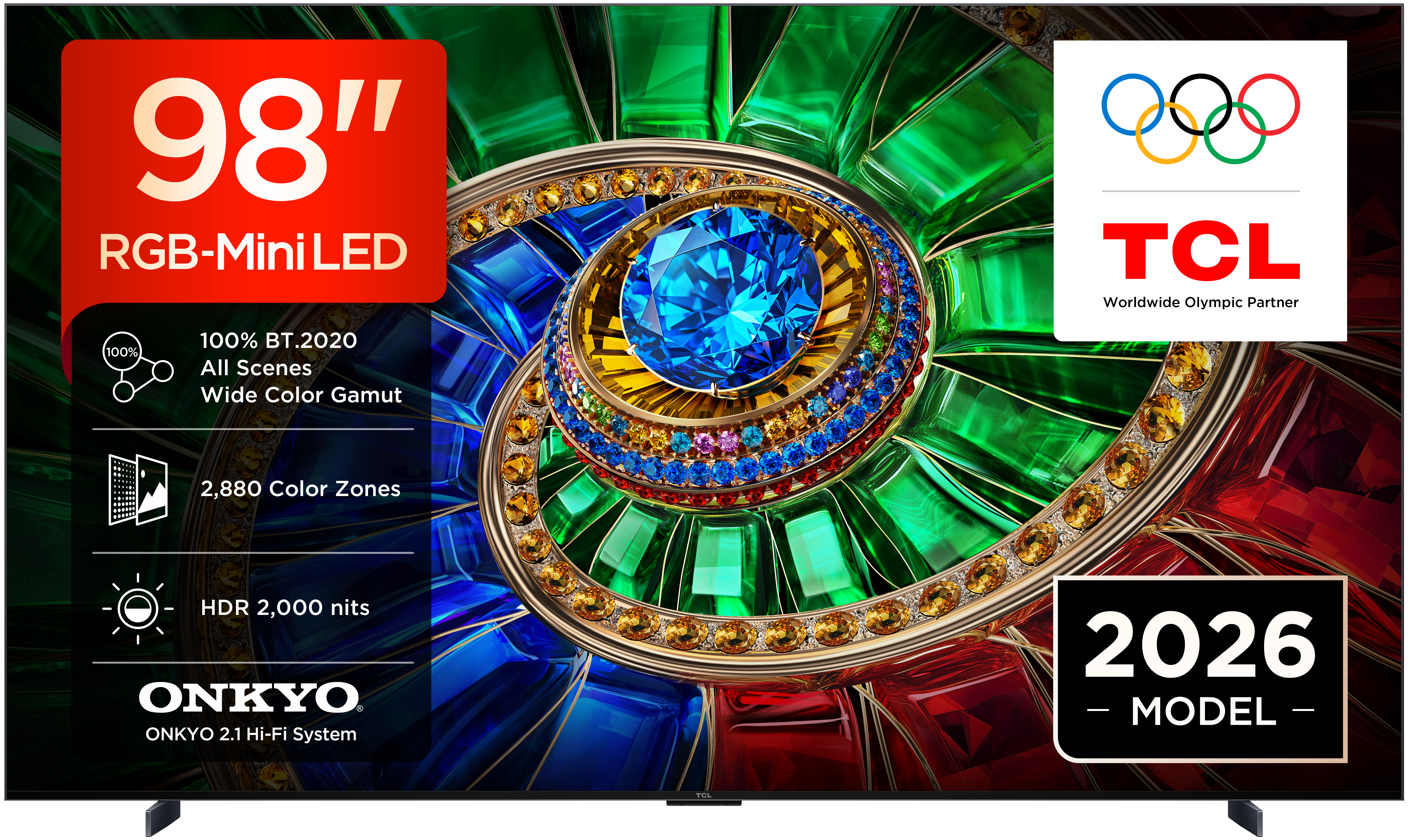 Televisor RGB-Mini LED TCL 98RM7L 98 pulgadas, 4K, 144 Hz, Google TV, audio ONKYO 2.1, negro