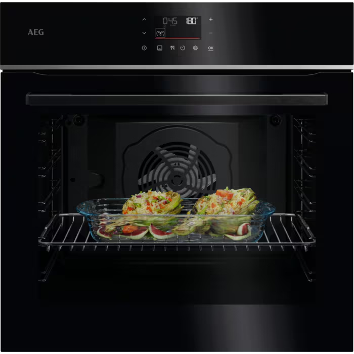 Horno pirolítico AEG TU5PB41ZPB, Serie 5000 SurroundCook, AirFry, 11 programas, 10 recetas, Display LED Explore, carril telescópico, negro