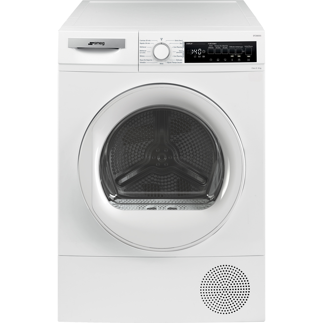 Secadora con bomba de calor Smeg DT28DES, 8 kg, clase D, 1,19 kWh/ciclo, 64 dB, motor Inverter, iluminación interior, blanco