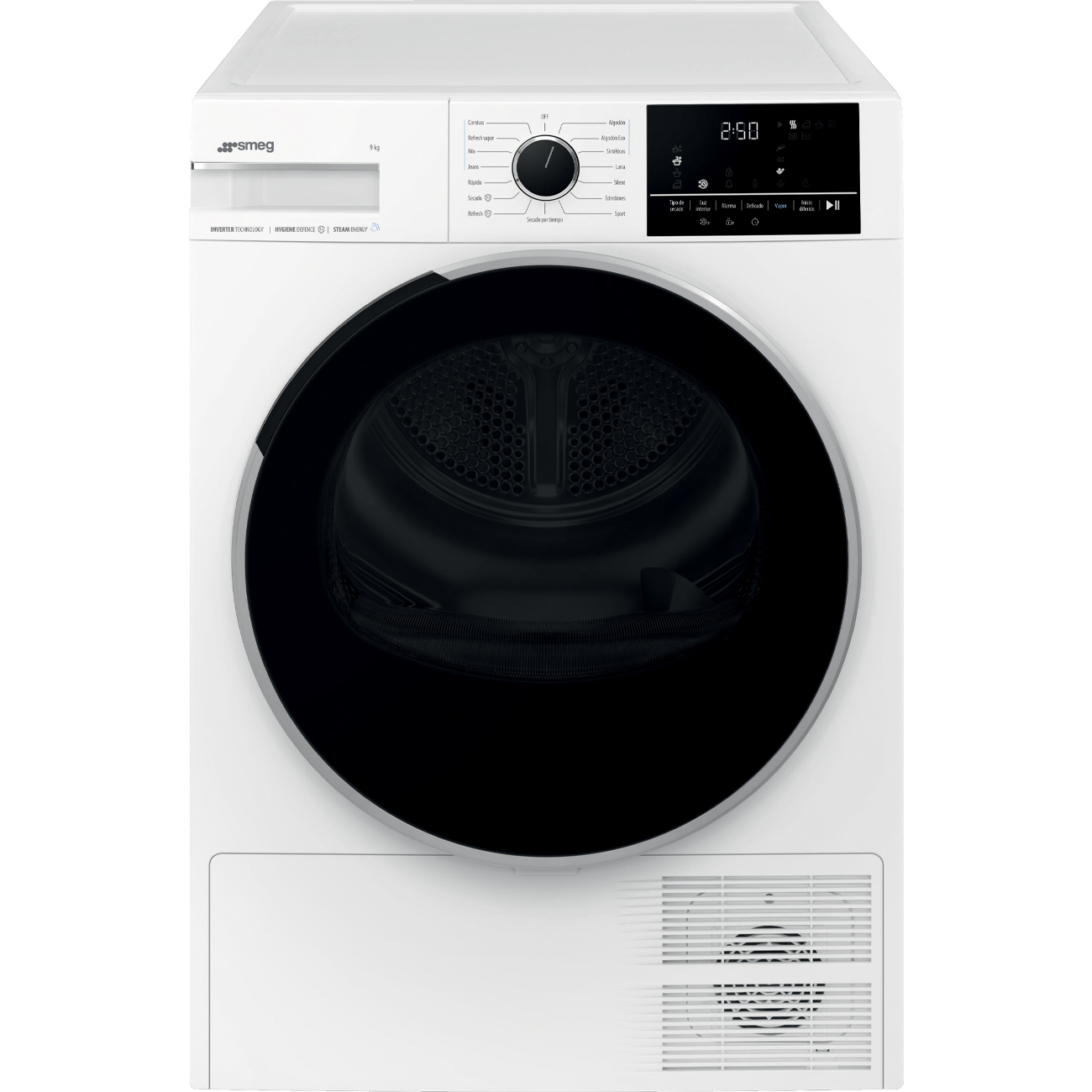 Secadora con bomba de calor Smeg DNP09SEBES, 9 kg, clase B, 0,92 kWh/ciclo, 64 dB, motor Inverter, 14 programas, vapor, blanco