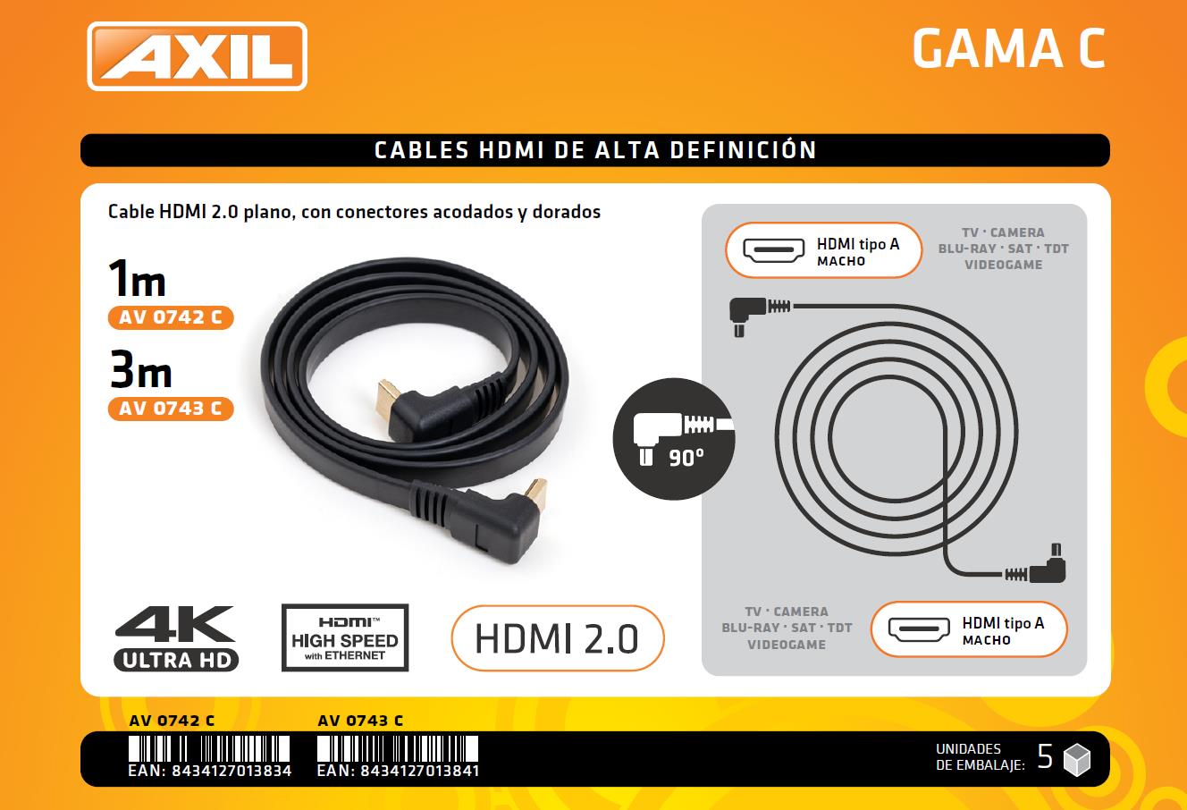 CABLE AXIL HDMI PLANO, CONECTOR RECTO 270º, 3M